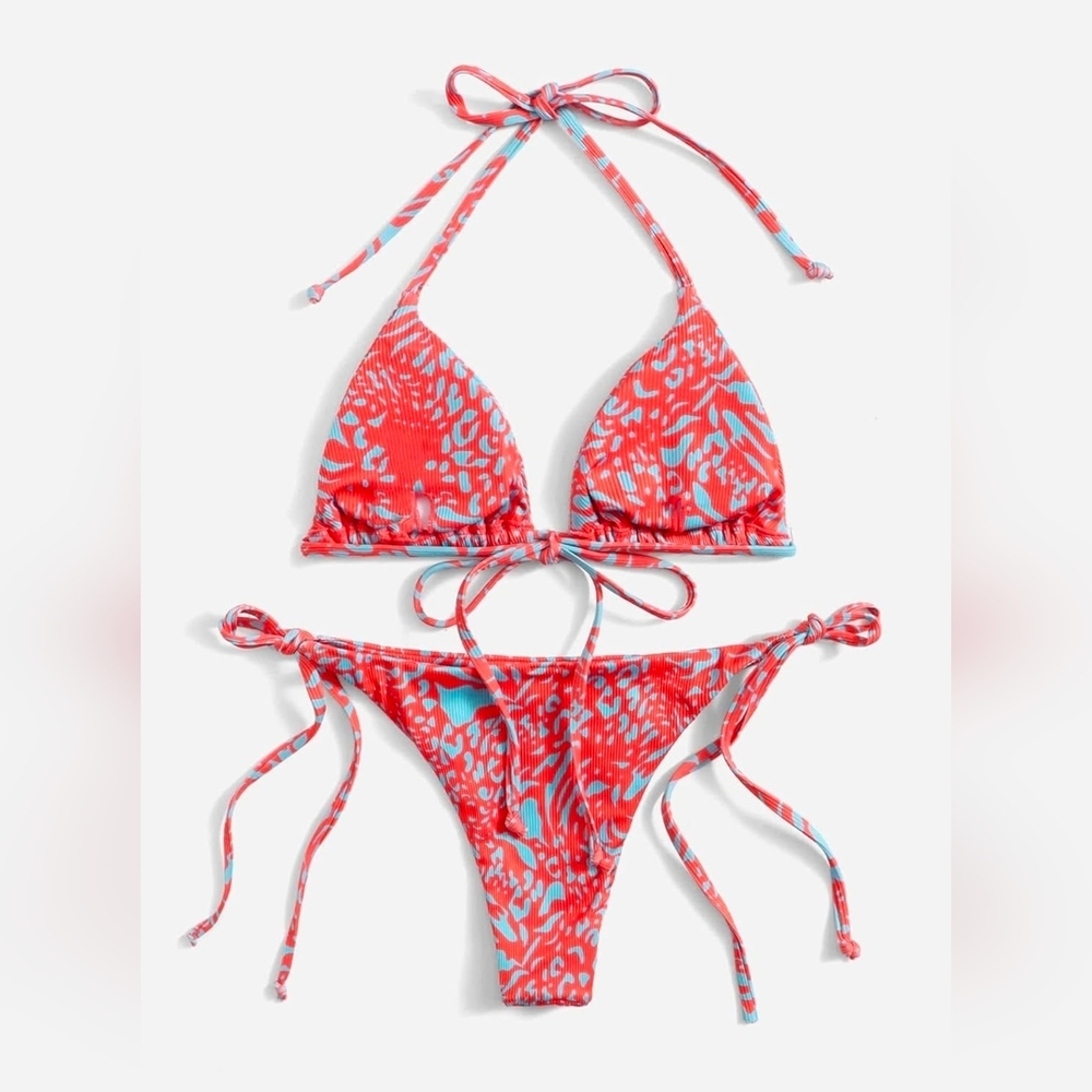 Vibrant Red & Blue Abstract Print Halter Bikini Set - Size Medium - Picture 13 of 13